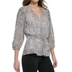 New ~ DKNY ~Women's Animal Print Flattering Tie Waist Blouse Size XS